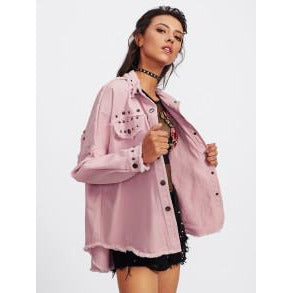 Pink drop Shoulder Frayed Hem Studded Jacket
