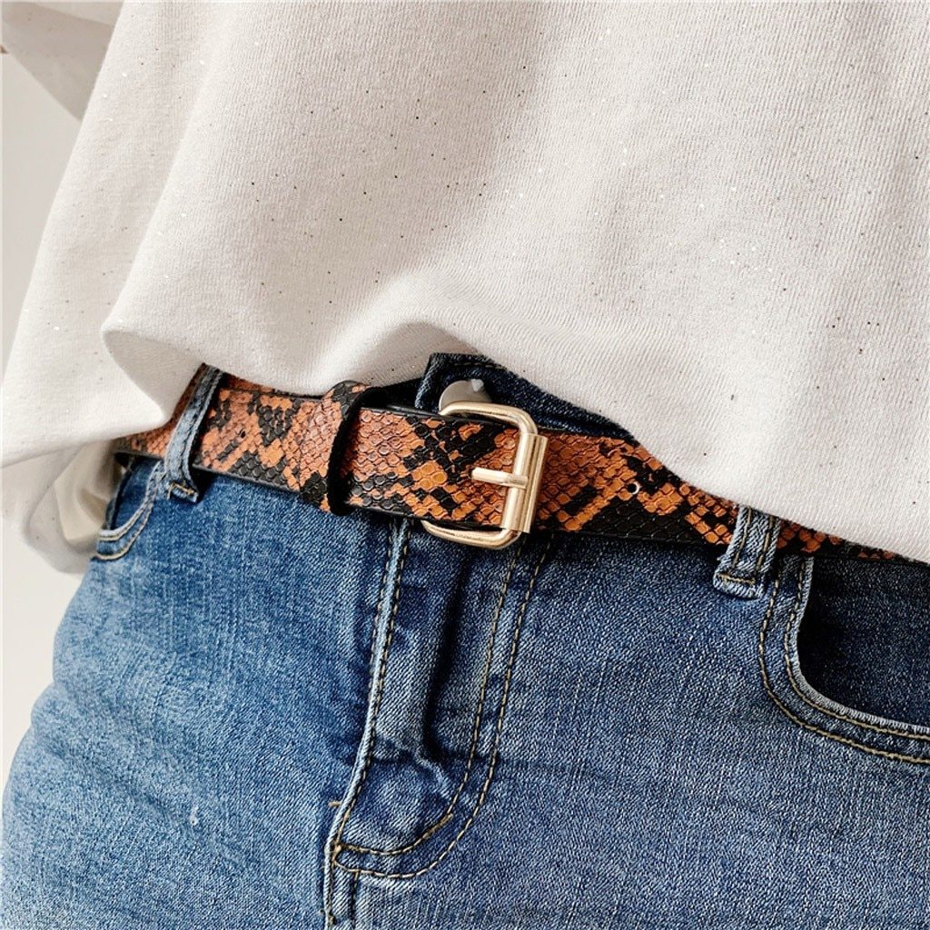 Snake Skin Print Belts For Women Gold Square Pin Buckle Waistband Pu