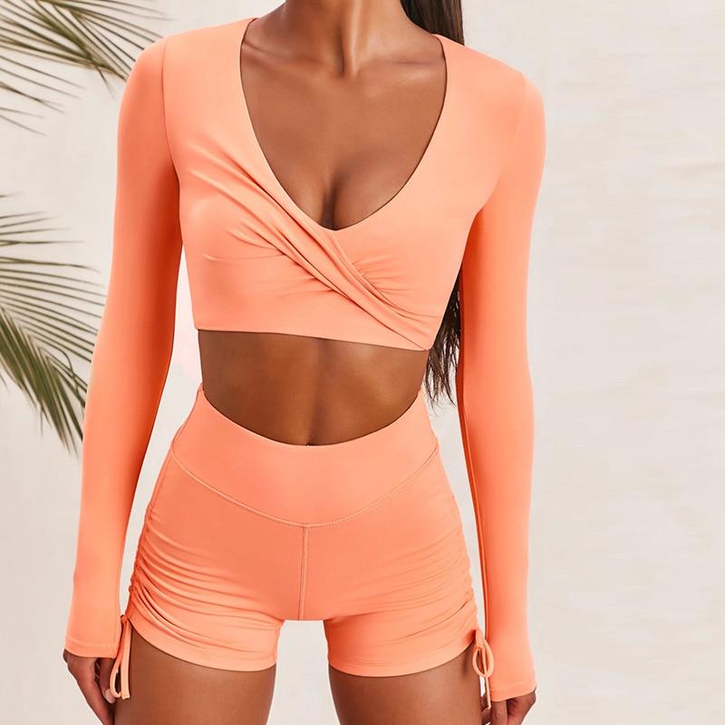 Autumn Solid Yoga Suit Gym Fitness Two Piece Set Long Sleeve Crop Top
