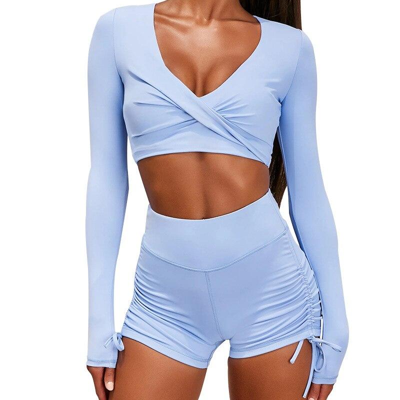 Autumn Solid Yoga Suit Gym Fitness Two Piece Set Long Sleeve Crop Top