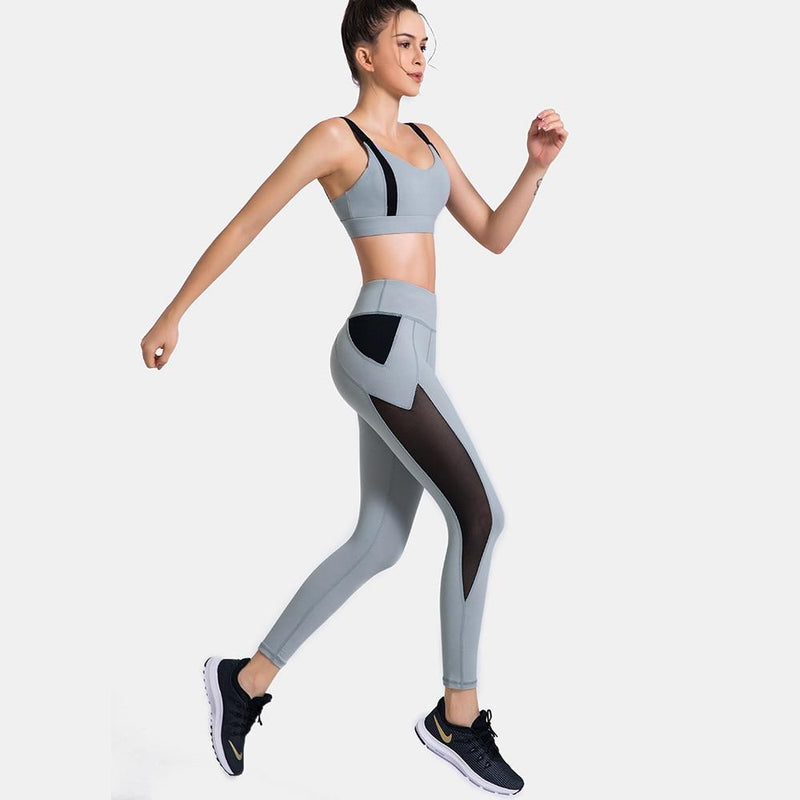 Patchwork Yoga Suit Gym Fitness Two Piece Set Bra Crop Top Leggings