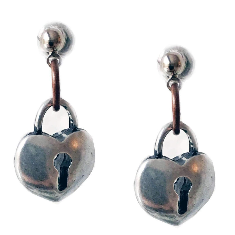 Heart lock stud earrings in silver plated brass