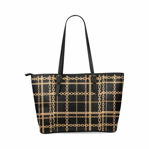 Shoulder Tote Bag, Black And Gold Chain Link Style Leather Tote Bag