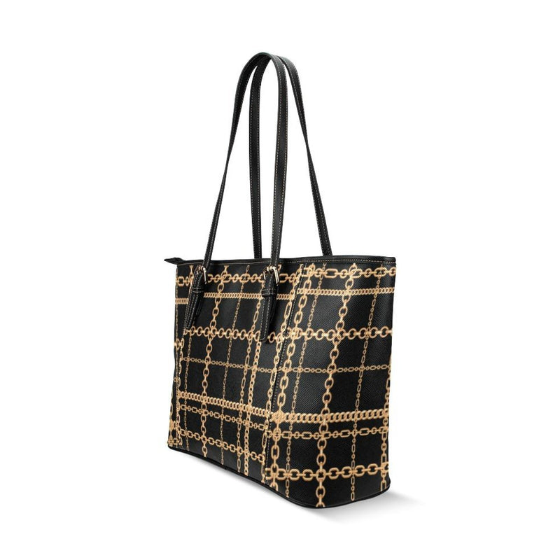 Shoulder Tote Bag, Black And Gold Chain Link Style Leather Tote Bag