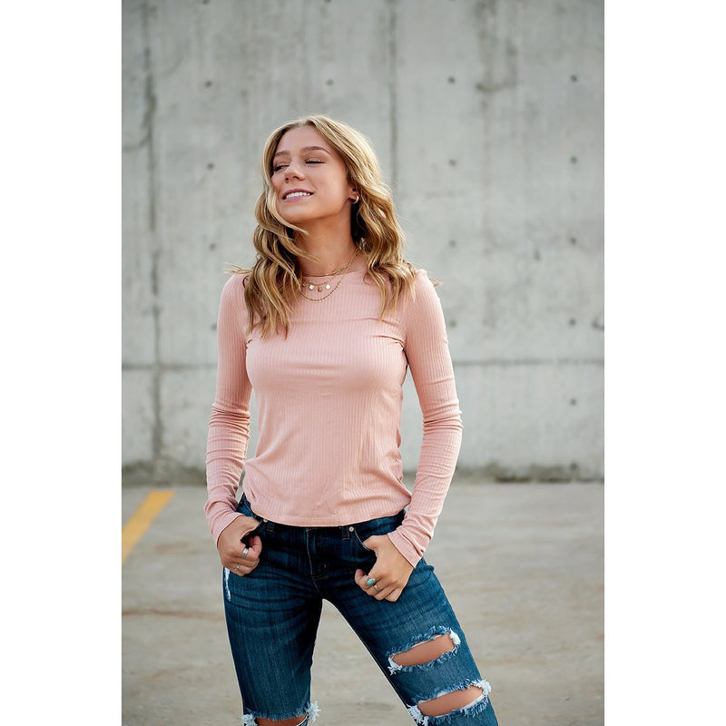 Ribbed Crew Neck Long Sleeve Tee in Dusty Pink