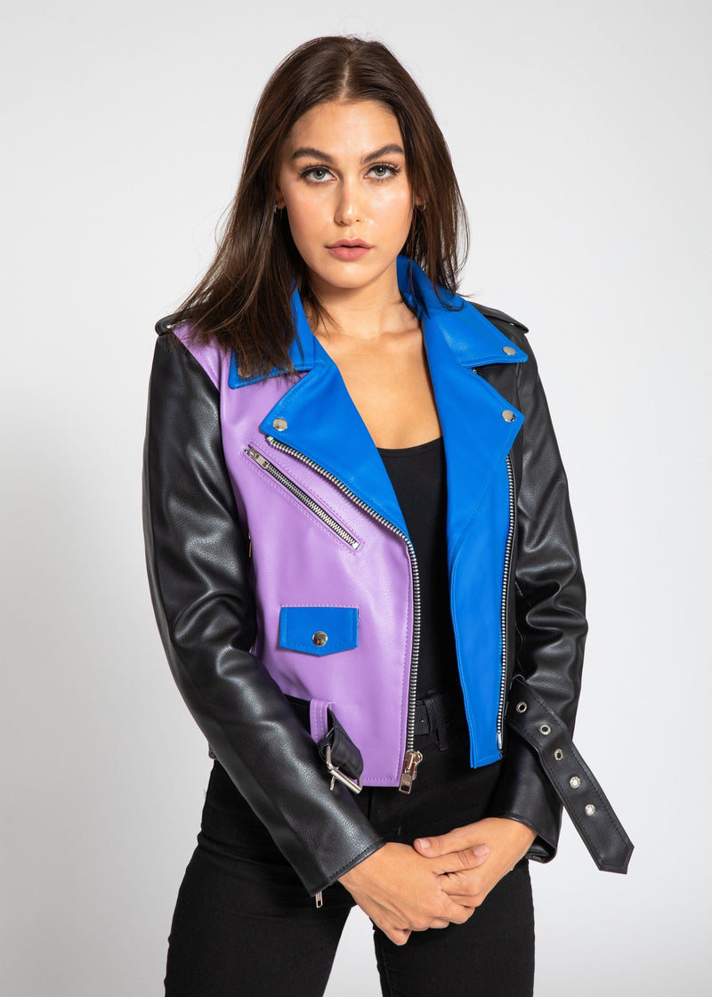 Women's Block Print Moto Style Faux Leather Jacket - Purple/Blue