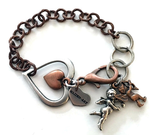 Heart and cupid bracelet in brass and silver